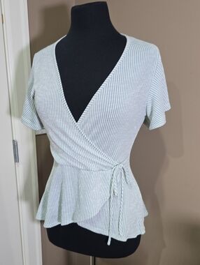 3/$30 Caution To The Wind Mint Striped Faux Wrap Peplum Blouse Flutter Sleeve